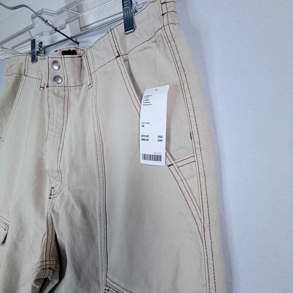 BDG Urban Outfitters Cargo Pants 34 Ivory Contrast Stitch Wide Leg New - Picture 6 of 10